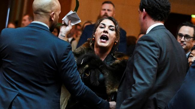 Senator Lidia Thorpe stages a protest as Britain's King Charles and Queen Camilla attend a Parliamentary reception in Canberra. Picture Victoria Jones/Pool via Reuters