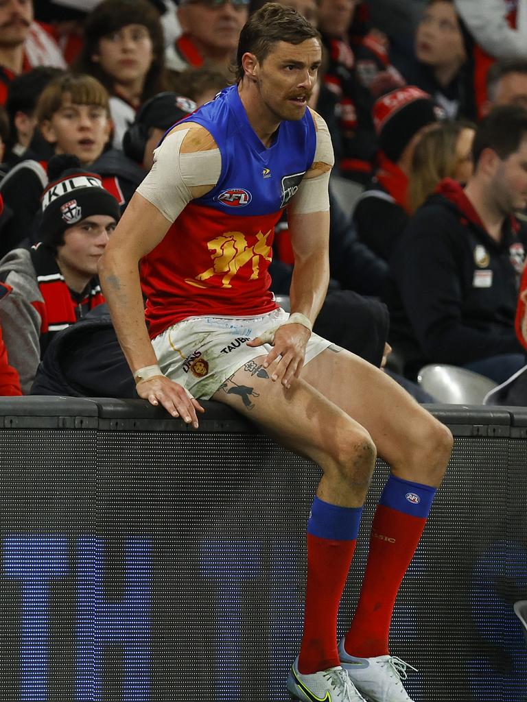 Joe Daniher jumps on the fence after dribbling through a goal on the run. Picture: Daniel Pockett/AFL Photos/via Getty Images