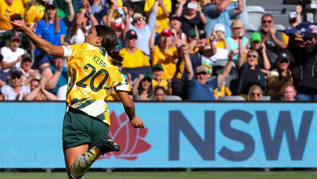 Sam Kerr of the Matildas celebrates scoring a goal during the Womens International Friendlies soccer match between the Matildas and Chile at Bankwest Stadium in Sydney, Saturday, November 9, 2019. (AAP Image/David Gray) NO ARCHIVING, EDITORIAL USE ONLY