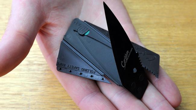 An example of a credit card flick knife. It is the size of a credit card, card is plastic and blade is metal almost like a box cutter knife. The plastic folds around the blade as a makeshift handle.