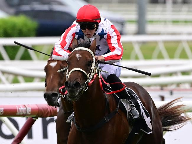 Zouna races away to remain unbeaten under jockey Adin Thompson. Picture: Grant Peters - Trackside Photography