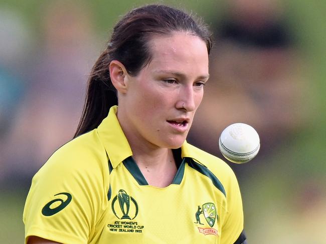 HAMILTON, NEW ZEALAND - MARCH 05: Megan Schutt of Australia looks on during the 2022 ICC Women's Cricket World Cup match between Australia and England at Seddon Park on March 05, 2022 in Hamilton, New Zealand. (Photo by Kai Schwoerer/Getty Images)