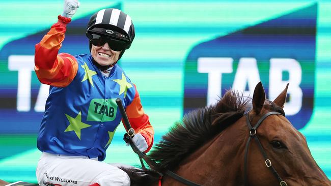 SYDNEY, AUSTRALIA - OCTOBER 19: Craig Williams riding Bella Nipotina wins Race 7 The TAB Everest during Sydney Racing - The Everest Day at Royal Randwick Racecourse on October 19, 2024 in Sydney, Australia. (Photo by Jeremy Ng/Getty Images)