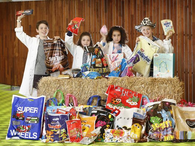 Melbourne Show show bag judging. The judging panel of Jasper 12, Ruby 10, Paris 3 and Josh 11 work their way through some of the hundreds of show bags.        Picture: David Caird