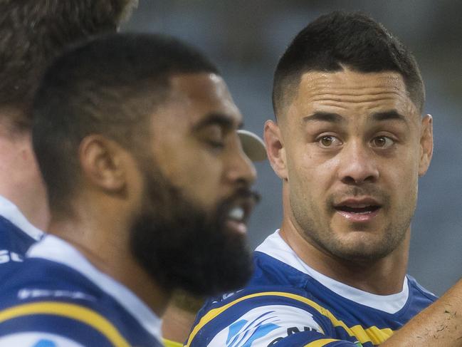 Jarryd Hayne of the Eels reacts after a Souths try during the Round 15 NRL match between the Parramatta Eels and the South Sydney Rabbitohs at ANZ Stadium in Sydney, Thursday, June 14, 2018. (AAP Image/Craig Golding) NO ARCHIVING, EDITORIAL USE ONLY