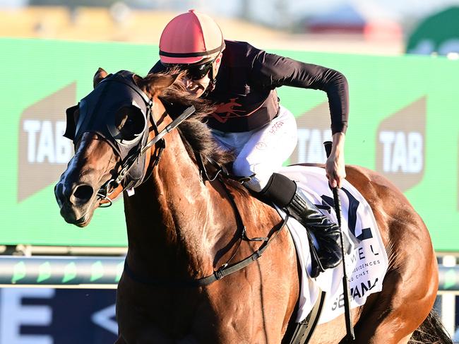 Semana takes out the Magic Millions Cup for jockey Dylan Gibbons and training partnership Ciaron Maher and David Eustace. Picture: Grant Peters - Trackside Photography."