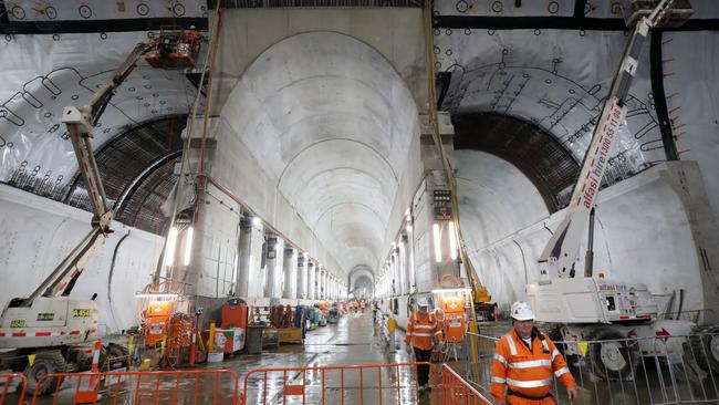 Town Hall Station has three overlapping tunnels, which have created an arched ceiling above its platforms. Picture: David Crosling