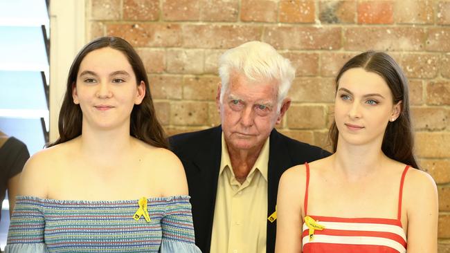 Sarah Baden-Clay, 14, Geoff Dickie, and Hannah Baden-Clay, 16. Picture: Liam Kidston