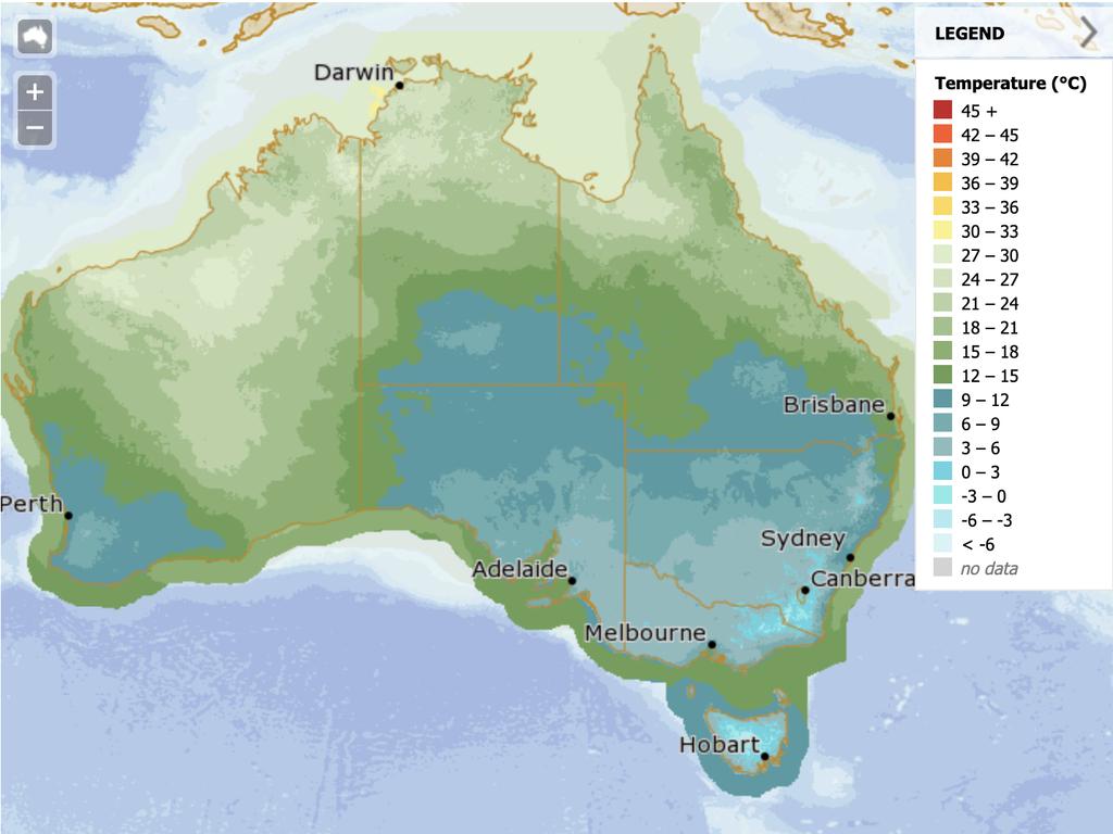 Southeastern Australia will be hit by a cold snap. Map shows minimum temperatures forecast across the country on Thursday. Picture: BOM.