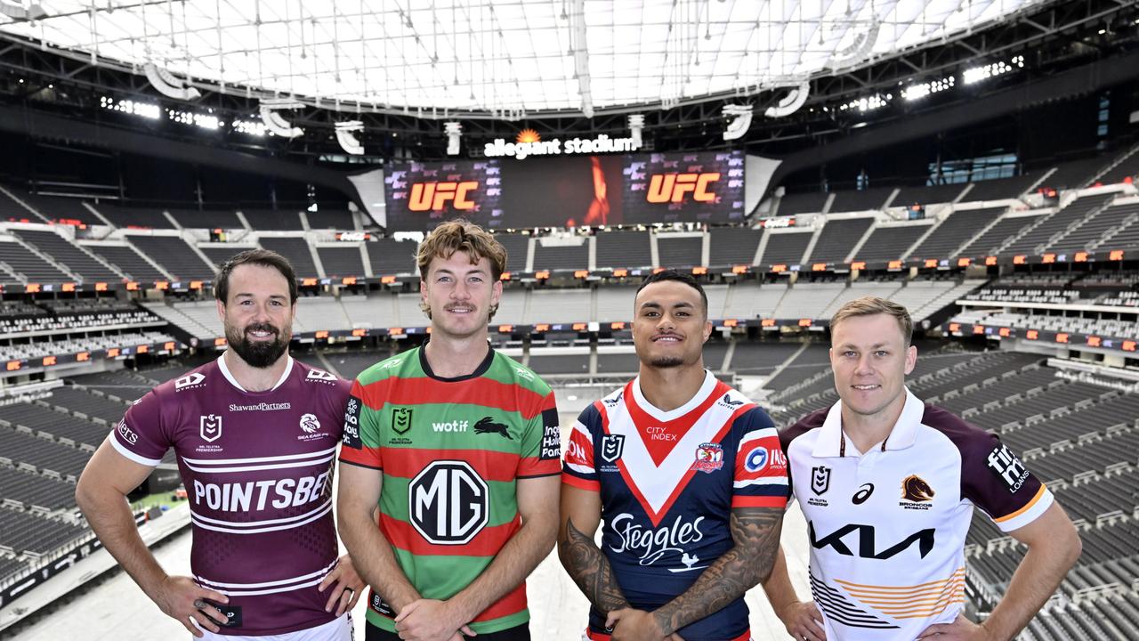 NRL players Aaron Woods, Campbell Graham Spencer Leniu and Billy Walters attend the Vegas Promo Tour at Allegiant Stadium in Las Vegas, Nevada. Picture: Getty Images