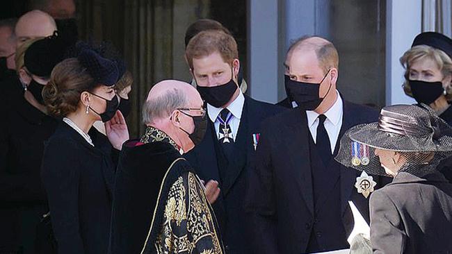 Prince Harry, Prince William and Kate, Duchess of Cambridge, at Prince Philip’s funeral service.