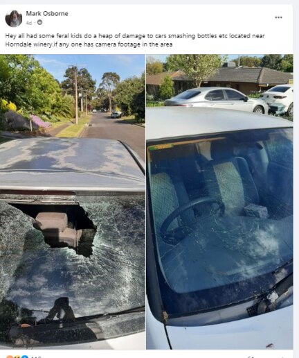 A member of a Aberfoyle Park/Happy Valley community page said his car had been targeted by teen vandals. Picture: Facebook.