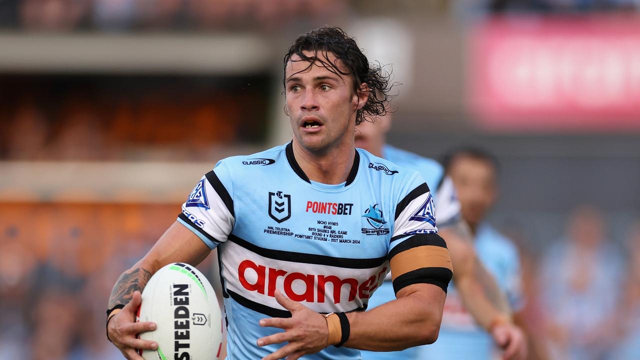 Nicho Hynes is expected to be named halfback for the Blues as long as he gets through Saturday’s game against Penrith, with the Sharks star in no doubt despite dealing with a calf issue. Picture: Cameron Spencer/Getty Images