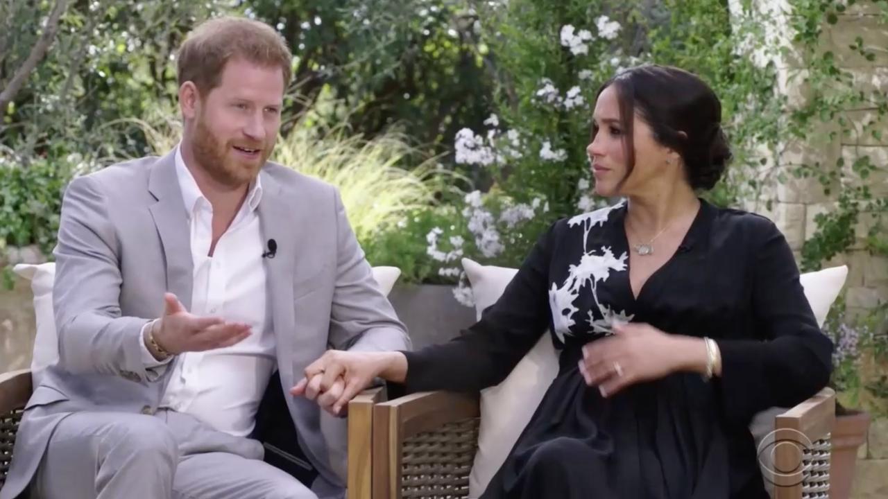 Harry and Meghan during their interview with Oprah Winfrey. Picture: CBS