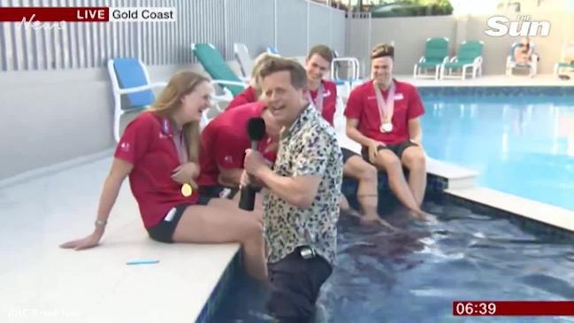 BBC presenter falls into a pool