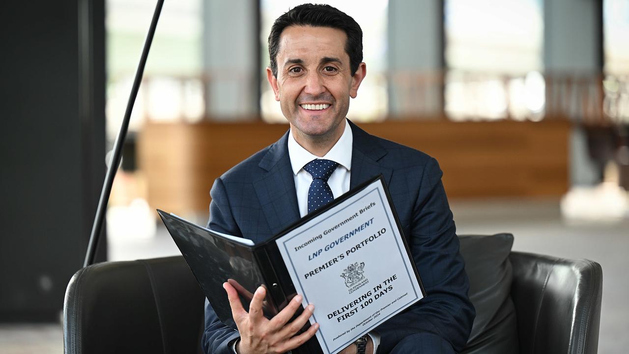 New QLD premier and LNP leader, David Crisafulli, with the official Premier’s Portfolio of incoming government briefs that he is working through, in the foyer of 1 William st, the QLD Government offices, Brisbane. Picture: Lyndon Mechielsen/The Australian