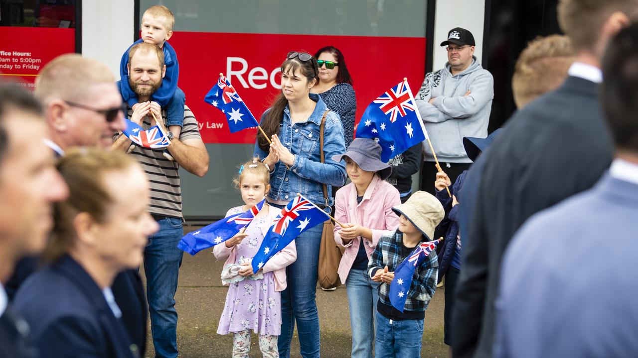 Stuart and Jane Sharp with their kids (from left) Timothy, Roxanne, Danielle, Marcus and Natasha (obscured) during the Anzac Day morning march, Monday, April 25, 2022. Picture: Kevin Farmer