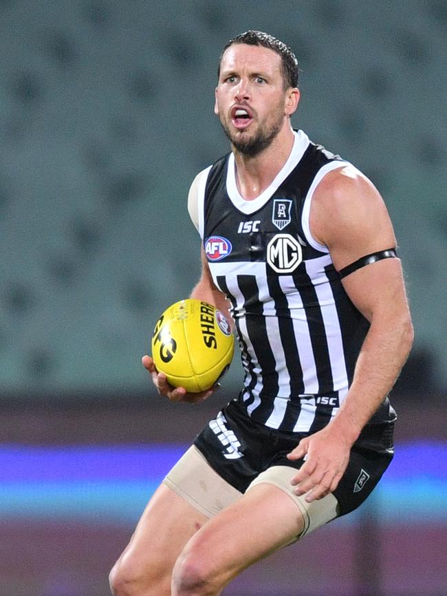 Travis Boak during a Showdown in 2020, is one of the great of the Port Adelaide Football Club. Picture: AAP