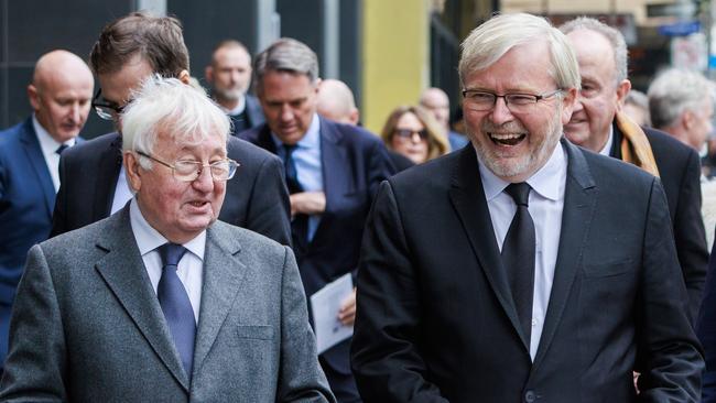 Former union boss Bill Kelty with former prime minister and ambassador to the US Kevin Rudd. Picture NCA NewsWire / Aaron Francis