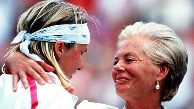 Jana Novotna is consoled by the Duchess of Kent after her defeat in the women's singles final at the 1993 Wimbledon Championships. Photo: Getty Images