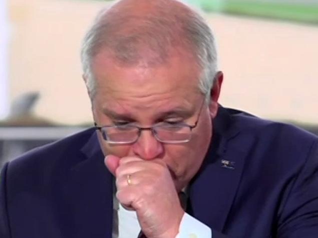 Australian Prime Minister Scott Morrison is pictured as he suffers a coughing fit on Sky News as he discusses the 2020 Budget. Picture: Sky News