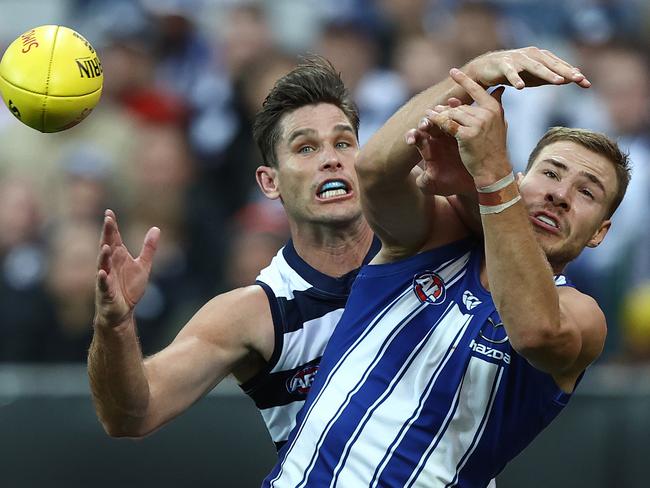 Ben McKay gets in front of Geelong’s Tom Hawkins. picture:Robert Cianflone/Getty Images