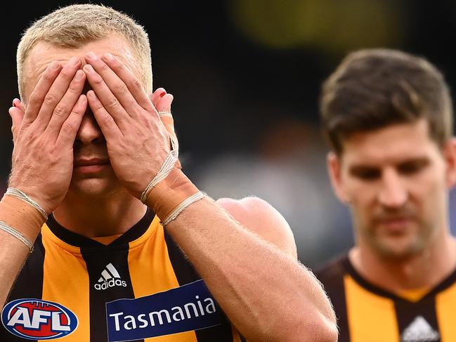 MELBOURNE, AUSTRALIA - MAY 09: James Worpel of the Hawks looks dejected after losing the round eight AFL match between the Hawthorn Hawks and the West Coast Eagles at Melbourne Cricket Ground on May 09, 2021 in Melbourne, Australia. (Photo by Quinn Rooney/Getty Images)