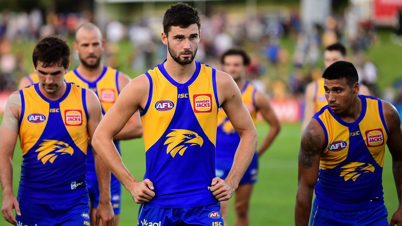 JOONDALUP, AUSTRALIA - MARCH 07: Jarrod Brander of the Eagles leaves the field after his teams loss during the 2020 Marsh Community Series match between the West Coast Eagles and the Fremantle Dockers at HBF Arena on March 07, 2020 in Joondalup, Australia. (Photo by Daniel Carson/AFL Photos via Getty Images)