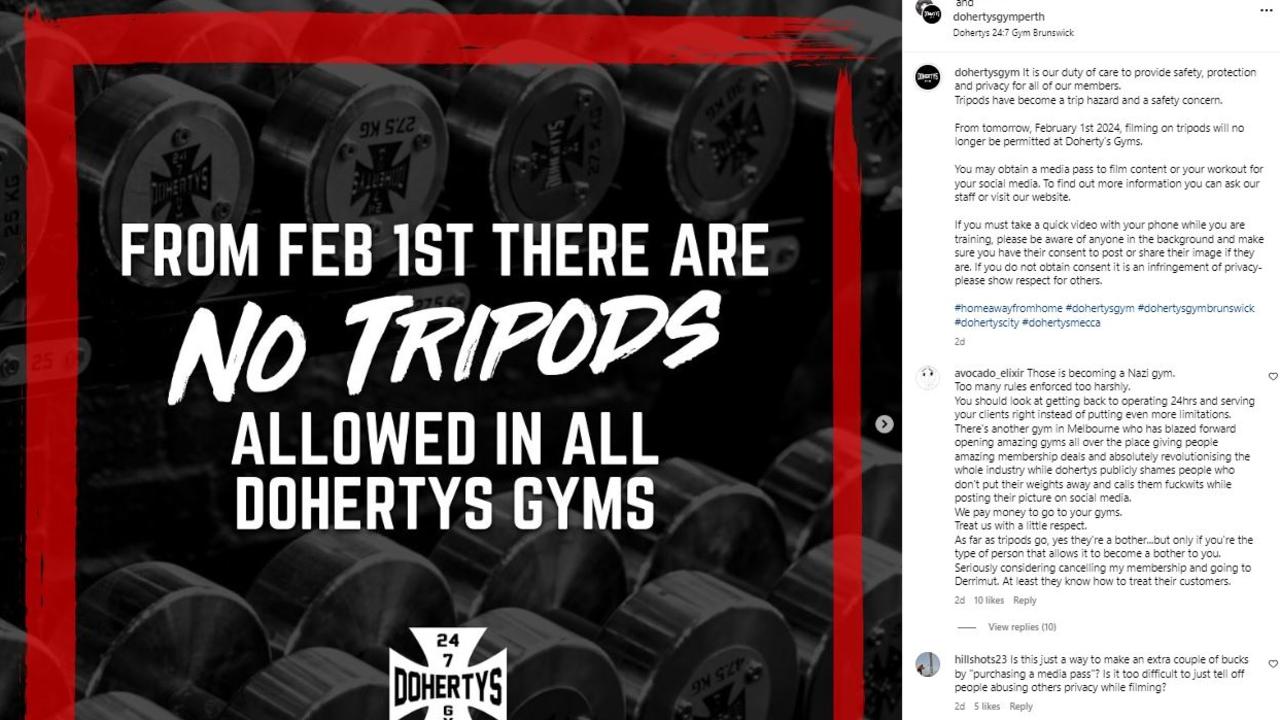 From February 1st 2024, filming on tripods will no longer be permitted at Doherty’s Gyms. Picture: Instagram