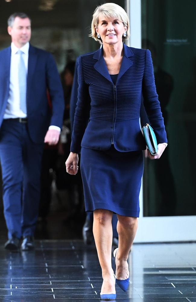 Julie Bishop arriving for the Liberal Party room meeting on Friday after Malcolm Turnbull declared the Liberal Party leadership vacant. Picture: AAP