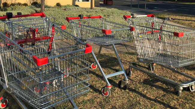 Trolleys abandoned on the corner of Loscoe St, Fairfield. Picture: Tony Ibrahim