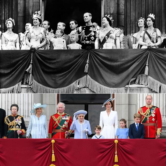 Top photo, the late Queen Elizabeth on the balcony of Buckingham Palace on her Coronation day; and below, the royals watch a special flypast from the Palace balcony following the Queen's Birthday Parade, the Trooping the Colour, as part of Queen Elizabeth II's platinum jubilee celebrations in June 2022.