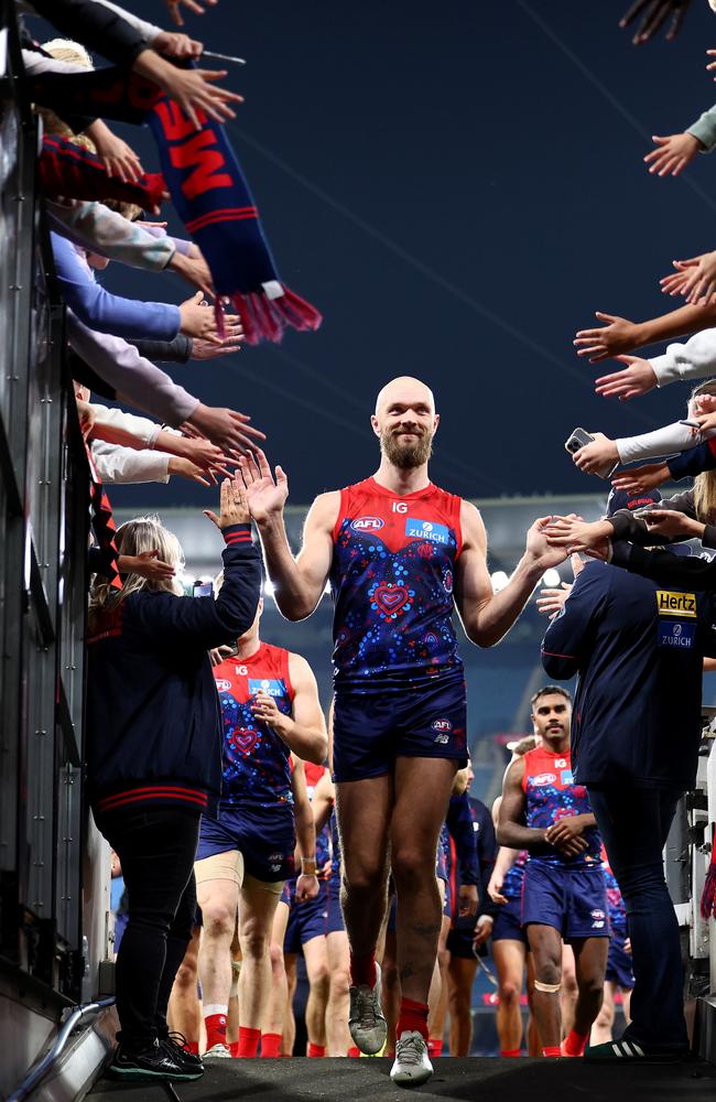 Max Gawn leads the Demons off the ground on Sunday. Picture: Quinn Rooney/Getty Images)