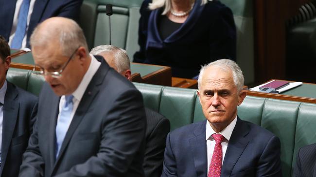 PM Malcolm Turnbull listens to Treasurer Scott Morrison delivering his Budget speech. Picture: Kym Smith