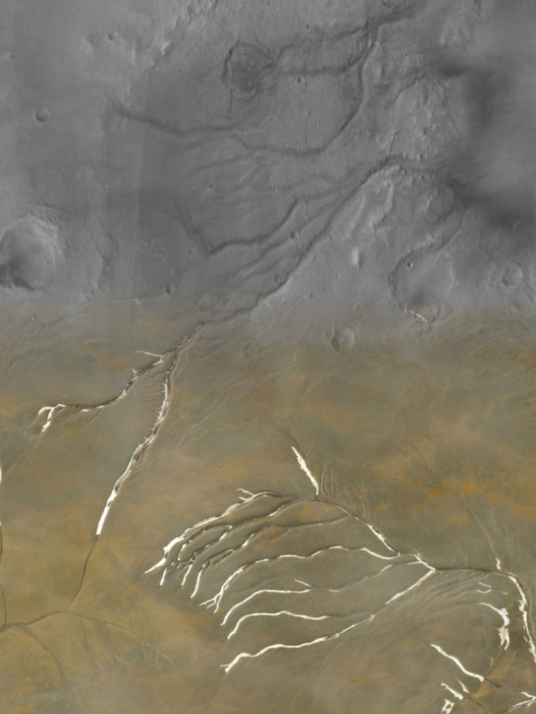 The top half of the image is Mars' Maumee valleys, superimposed with channels on Devon Island in the bottom half – revealing an almost identical shape Credit: UNIVERSITY OF BRITISH COLUMBIA