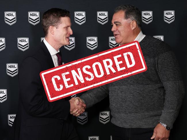The image that West Australian league fans were not allowed to see: (L-R) Bears CEO Anthony De Ceglie shakes hands with new coach Mal Meninga.