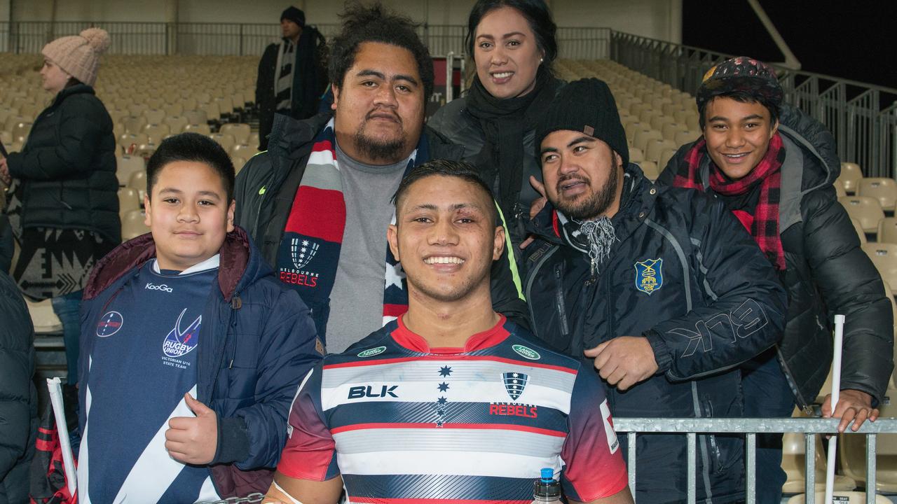 Rob Leota of the Rebels with family after his Super Rugby debut in Christchurch in 2016.