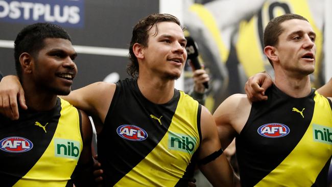 Maurice Rioli, Daniel Rioli and Jason Castagna of the Tigers Picture: Getty Images