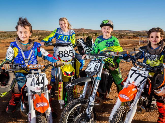 Alice Springs junior motocross riders Shayden Harris, Sharnee Muller, Will Totani, and Jaka Harris. Photo: Emma Murray.