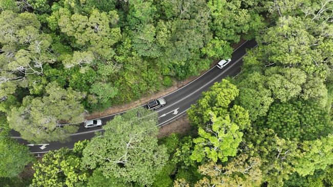 Traffic driving on the stretch of Kennedy Highway between Smithfield and Kuranda, better know as the Kuranda Range Road. Heavy vehicles including trucks, buses and caravans, as well as cars frequently use the roadway. Picture: Brendan Radke