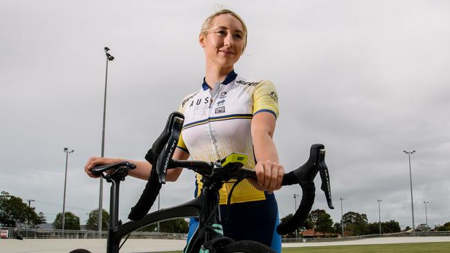 Track Endurance Cyclist with the Australian Cycling Team, Maeve Plouffe at Hanson Reserve, where track racing is returning for the first time in two decades in Adelaide, Thursday, November 7, 2019. (AAP Image/Morgan Sette)