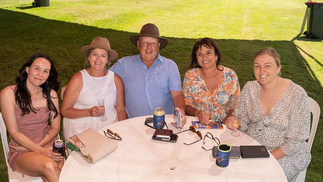 Emma Ellis, Chrissy McLeod, Jim McLeod, Nat Elliot and Nicole Radford at the 2023 Darwin Cup Carnival Guineas Day. Picture: Pema Tamang Pakhrin