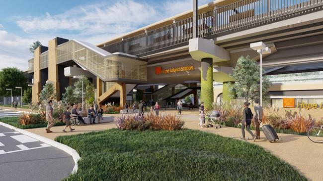 Artist impression of new Hope Island train station on the Gold Coast. Picture: TMR.