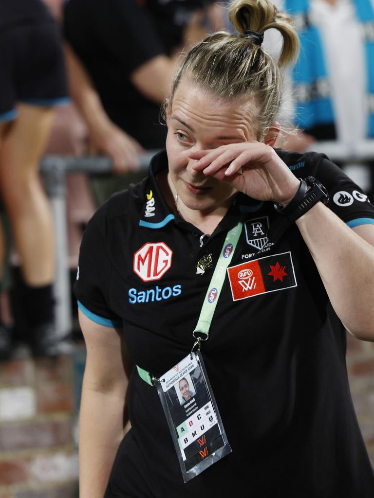 An emotional Lauren Arnell after the final siren. Picture: Michael Klein