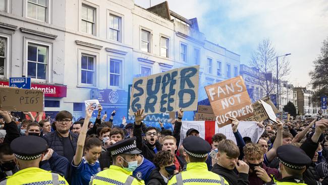 Fans of Chelsea Football Club protest against the European Super League outside Stamford Bridge. Picture: Getty Images