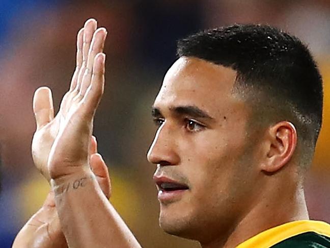 BRISBANE, AUSTRALIA - NOVEMBER 24:  Valentine Holmes of Australia celebrates with his team mates after scoring a try during the 2017 Rugby League World Cup Semi Final match between the Australian Kangaroos and Fiji at Suncorp Stadium on November 24, 2017 in Brisbane, Australia.  (Photo by Mark Kolbe/Getty Images)