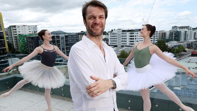 New Queensland Ballet Artistic Director Ivan Gil-Ortega with dancers Leisel Rose and Paige Rochester at Thomas Dixon Centre, West End. Picture: Liam Kidston