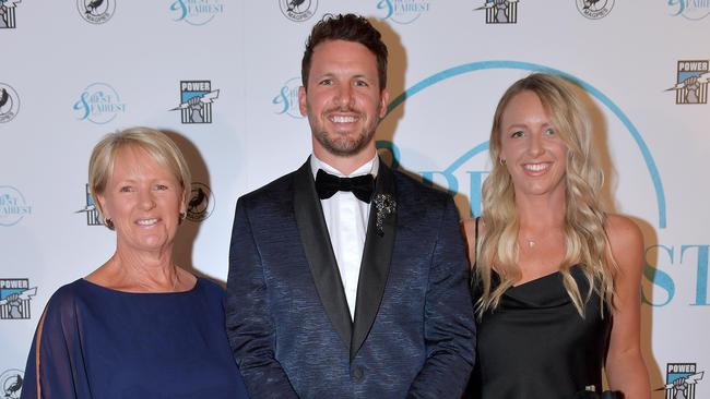 Travis Boak with his mother Chicki Boak and sister Cassie Boak on the red carpet at Port Adelaides Best and Fairest awards night at the Adelaide Convention Centre Friday October 4,2019.Picture Mark Brake