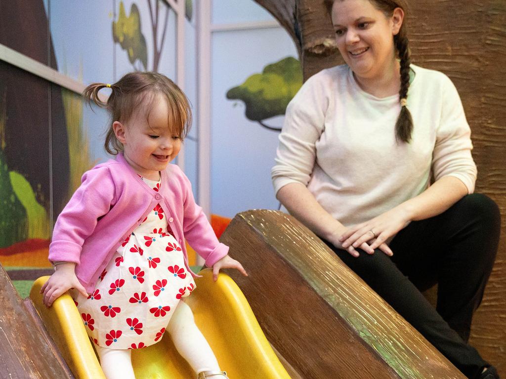 Maisie, 2 and mum Amanda. Maisie was born prematurely and was at high risk for cerebral palsy. She was on the CP trial led by Monash. Picture: Mark Stewart