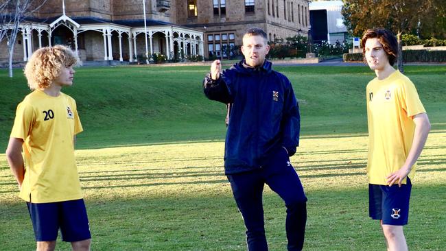 Scotch soccer coach/mentor and Adelaide United player Ryan Kitto with students at Scotch. Picture supplied by Scotch College.